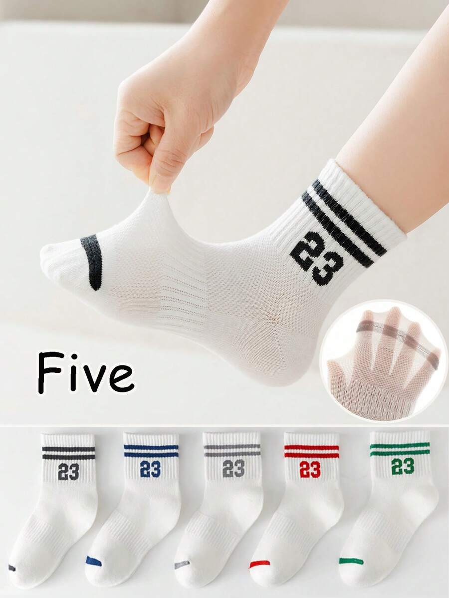 5 Pairs Kids Digit Print Breathable Mid-Calf Socks, Suitable For Boys And Girls In Spring/Summer