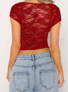 Conjunto de top de encaje vintage para mujer, camiseta de corte bajo y corte ajustado con mangas cortas + bralette sin mangas, ropa de verano - Rojo - Ver 5