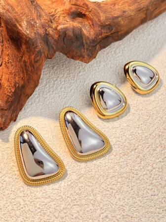 1 par de pendientes de botón geométricos de acero inoxidable, de acero de titanio bicolor, resistente a la decoloración, diseño creativo, adecuado para fiesta, regalo del Día de San Valentín para mujeres