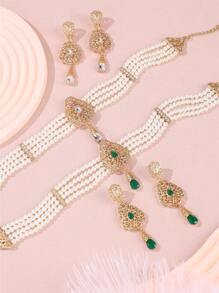 1 Set Handmade Palace Style Metal Hollow-Carved Rhinestone Inlaid Beaded Necklace With Matching Metal Earrings Jewelry Set, Suitable For Women Wedding, Party, Festival, Gift - Jewelry Sets - View 1