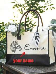Personalised Floral Canvas Large Tote Bag With Name And Ribbon Birthday Christmas Travel Accessories Gift For Her - Beige - View 1