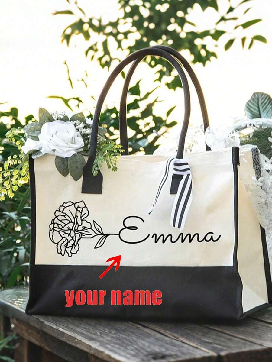 Personalised Floral Canvas Large Tote Bag With Name And Ribbon Birthday Christmas Travel Accessories Gift For Her - Beige - View 1