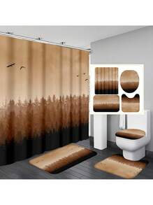 1 件/4 件水彩森林风景浴室装饰套装，包括带 12 个挂钩的防水浴帘、防滑浴垫、U 型马桶垫和圆形马桶盖，适用于整个浴室场景