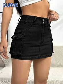 Minifalda de mezclilla negra de estilo casual de calle para mujer de talla grande, con cierre delantero de botones, tela de mezcla de algodón elástica, bolsillos tipo cargo - Negro - Ver 4