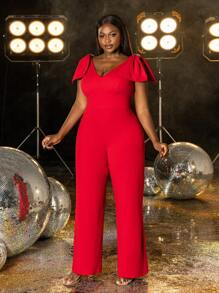 Faeriesty Plus Size Elegant Party Jumpsuit: Sleeveless Deep V-Neck With Bow Detail In Solid Color