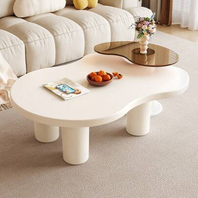 Nesting Coffee Table Set Of 2, Tempered Glass Side Table And Cloud Coffee Table, White Cream 2 In 1 Modern Coffee Table, End Table For Living Room, Be