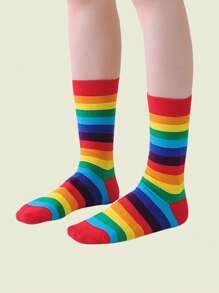1/3/7 Pairs Women Colorful Fashion Horizontal Striped Rainbow Mid-Calf Socks, Suitable For Casual Daily Wear - Multicolor - View 4
