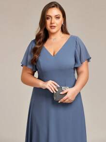 EVER-PRETTY Vestido de dama de honor con escote en V, mangas con volantes y fluido de chifón de alta baja para tallas grandes