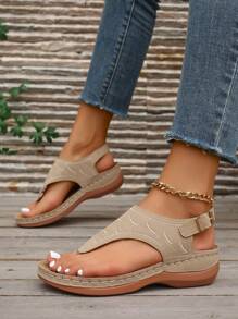 Women Summer New Khaki Plus Size Metallic Buckle Thong Sandals, Fashion Comfortable Elegant Casual Beach Platform Flip Flops - Embroidered Hollow Out Design Wedge Heel Open Toe Slip On Sandals, Women Flat Sandals, Summer Shoes, Match With Skinny Pants, Dresses, Shorts, Skirts For Valentine's Day, Mother's Day, Party, Holiday, Travel, Vacation, Daily Wear, Lightweight, Comfortable, Breathable, Indoor, Outdoor, Fashion Casual, Versatile, Beach Shoes, Women Fashionable Platform Wedge Heel Sandals