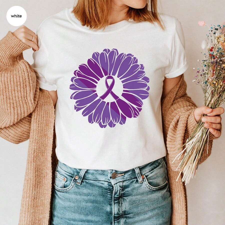 100% Cotton Crohns Disease Sunflower T-Shirt, Family Support Shirts, Crohns Disease Gifts, Crohns Awareness Month, Invisible Illness Graphic Tees Slightly Fashion Casual Designer Clothes Graphic For Women Print Round Neck Short Sleeve Summer Versatile Unisex Soft Stretched Top For Everyday Wear Streetwear - White - View 1