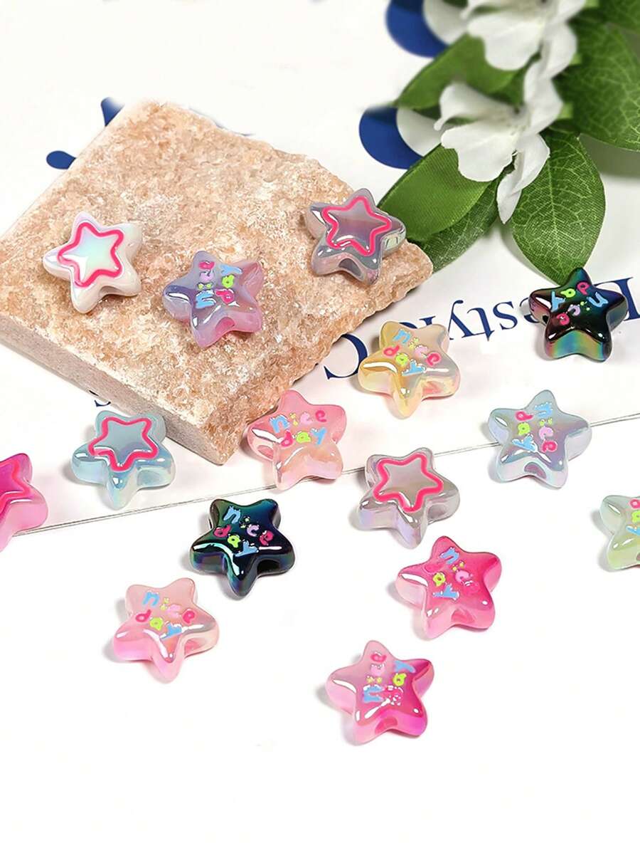 10pcs Random Style English Alphabet Drop Oil Love Star Acrylic Jelly Real Color Beads DIY Mobile Phone Chain Keychain Ballpoint Pen Handmade Materials And Decoration Accessories Loose Beads