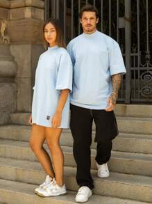 Oversized Plain Turtleneck Basic Streetwear T-Shirt For Men Unisex - Baby Blue - View 7