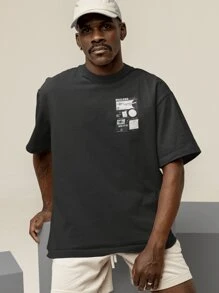 Oversized T-Shirt Turtleneck Unisex Streetwear 100% Cotton Urban Style Workout Casual Black And Off Whte Printed - 黑色 - 查看 2