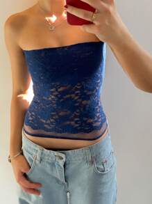 Women's Summer Sheer Lace Floral Off Shoulder Backless Slim Crop Tube Tops  Soft Top For Street  Party - 藍色 - 查看 3