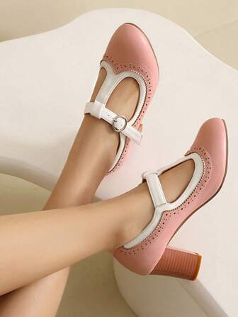 2025 Spring French Retro Brown Chunky Heel Low Vamp Women Casual Shoes, Versatile Candy Color Chunky Heeled Ladies Pumps With Buckle Strap
