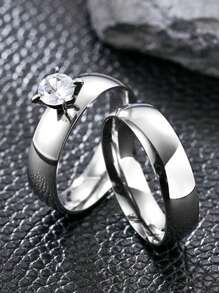2 piezas Anillos de acero inoxidable brillante con incrustaciones de diamantes de imitación de lujo, anillos elegantes para pareja para boda, banquete y uso diario para mujeres - Anillos de boda - Ver 4