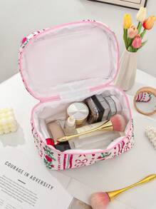 1 PC Vertical Striped Rose Bow Portable Make Up Bag,Fashionable And Casual Large Capacity Portable Zipper Makeup Bags,Travel And Vacation Essentials Cosmetic Bags For Sanitary Napkins,Pouch Pads,Wired Earphones,Earpods,Headphones,Charger,Lipsticks,Cosmetics,Perfume,Skin Care And Beauty Products,Home Decor,For Mom,Women,Nurses,Students,School Girls,Keys,Holiday Gifts Makeup Travel Toiletry Organizer Essentials Gifts Storage Zipper Accessories Nail - Red - View 8