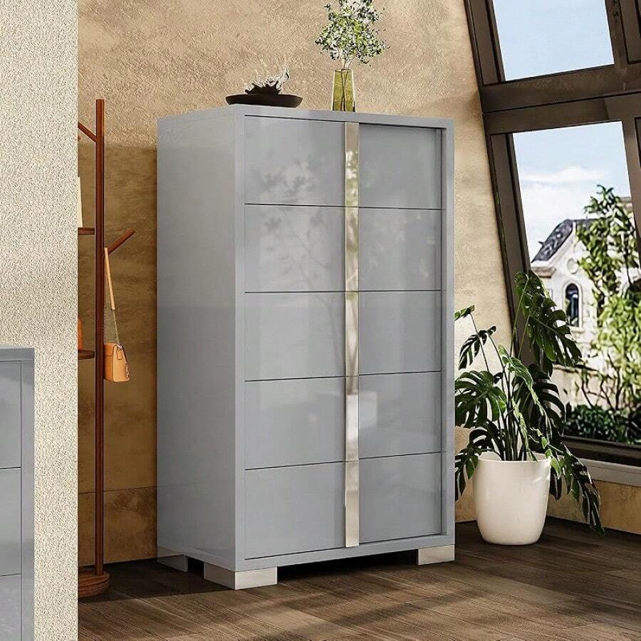 5-Drawer Dresser, Modern Glossy Chest Of Drawers, Spacious Storage Organizer Cabinet For Bedroom, Living Room Or Cloakroom, Grey - 灰色 - 查看 1