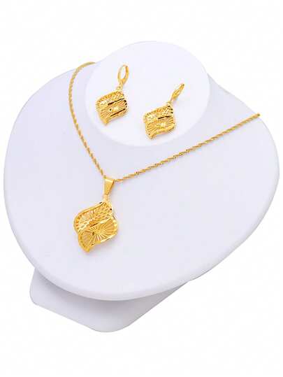 22K 镀金简约方形首饰套装，Arabia 时尚新娘小麦耳环和项链，女性晚会装饰，奢华珠宝