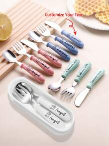 2/3pcs Set Personalized Laser Engraved 304 Stainless Steel Cutlery Set, Customizable Name+Design, Spoon, Fork, Knife, Tea Spoon, Soup Spoon, Anti-Slip Handle, Feeding Utensils Set, Multi-Functional, Christmas Gift, Birthday Gift, Back To School - Multicolor a - View 2