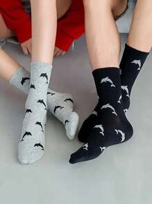 2/3 双装女士纯色海豚图案时尚简约街头运动中筒袜