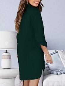 女士纯色单排扣休闲宽松前短后长下摆口袋百搭衬衫裙 春季 - 綠色 - 查看 2