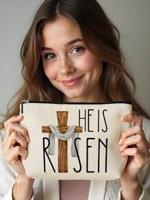 1 pieza Bolsa de cosméticos con estampado de lino de conejito de Pascua, hermosa bolsa de maquillaje de viaje y monedero multipropósito, regalo práctico y ligero para mujeres