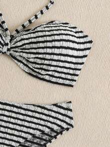 Plus Size Summer Black & White Stripe Halter Tankini Swimwear Set - Black and White - View 3