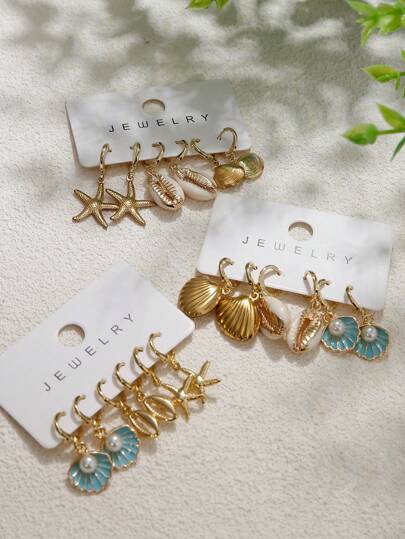 Bộ 3 đôi hoa tai vỏ sao biển vàng cho nữ, Bộ sưu tập hoa tai vỏ sao biển thời trang Bohemian Ocean mạ vàng 14k cho trang phục đi nghỉ ở bãi biển, Trang sức mùa hè, Quà tặng trang sức