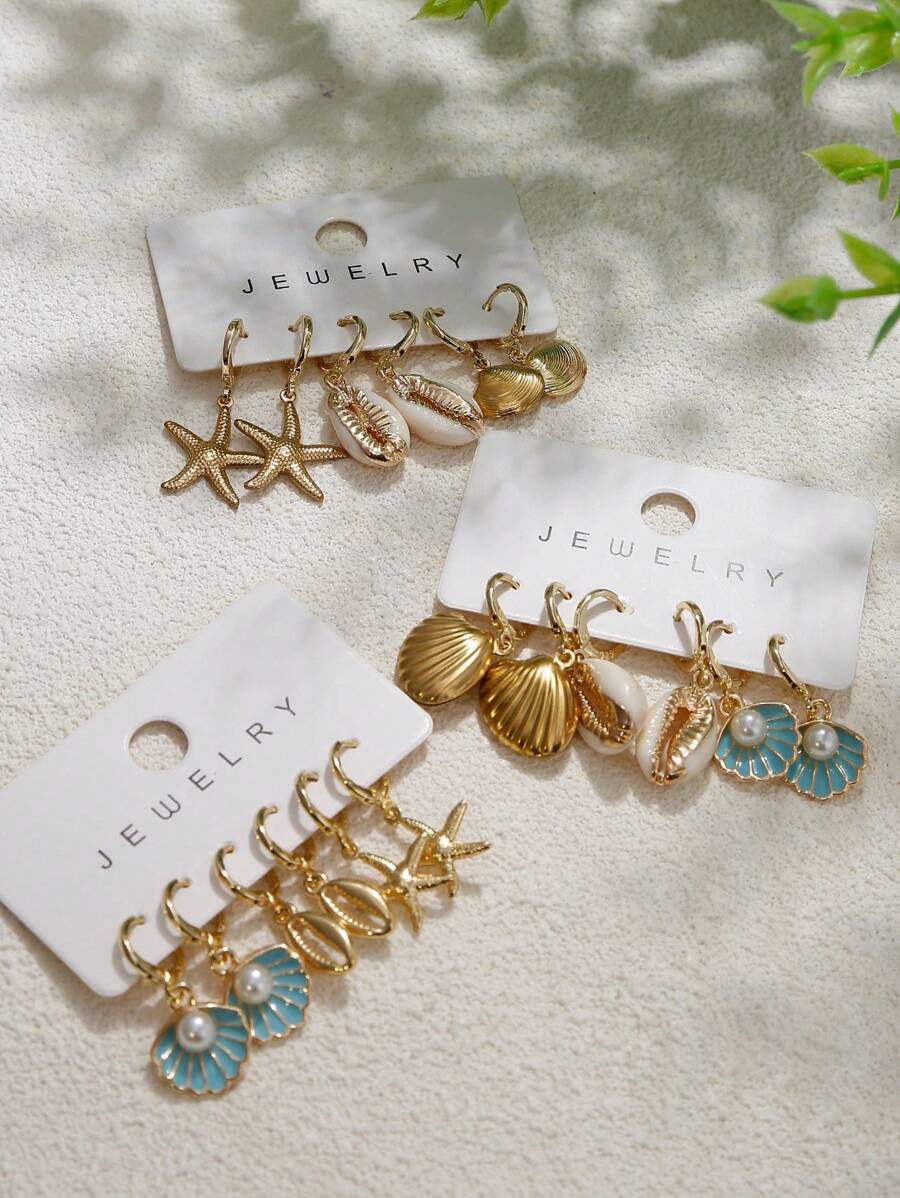 3 对女士金色海星贝壳耳环套装，14k 镀金时尚波西米亚海洋系列贝壳海星耳环套装，适合海滩度假佩戴、夏季珠宝、珠宝礼物 - 3pairs - 查看 1