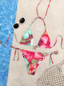 Bộ đồ 2 món mùa hè, họa tiết da báo và hoa lá ngẫu nhiên, trang trí sao biển kim loại, gồm áo hai dây và bikini cạp cao, thích hợp cho kỳ nghỉ biển. - da báo - Xem 7