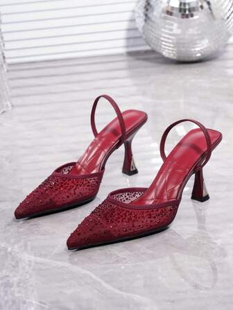 Women's Bling Diamond Mesh Slip-On High Heel Mule Sandals, Spring/Summer, European And American Style