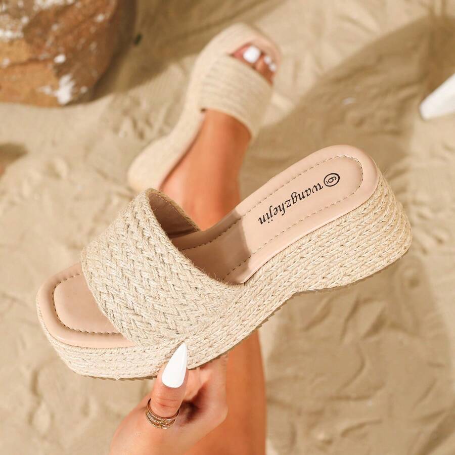 Women's Casual Comfortable Wedge Thick Rope Bottom Summer Slides - Beige - View 1