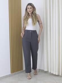 Women's Refreshing Plain Tailored Trousers With Button - Maxma 6631 - Gray 2 - View 4