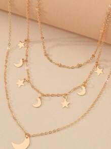 1pc Minimalist Star Moon Pendant Multilayer Necklace - Gold - View 3