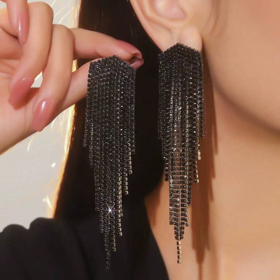 1 Pair Vintage Black Long Tassel Water Drop Rhinestone Earrings, Suitable For Women