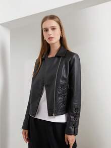 女士时尚编织皮夹克（配领带）、休闲仿皮夹克