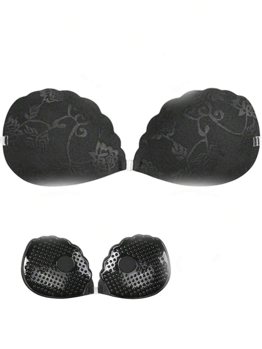 1 Pair Adhesive Bra Push Up Strapless Sticky Invisible Upgrade Lace Bras For Women Dress Backless With Detachable Strap Nipple Cover Boob Pads - Black - View 1