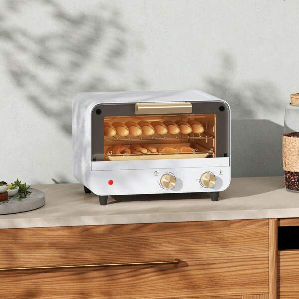 HOMCOM Fornetto Elettrico 12L a 2 Altezze con Timer e Temperatura Regolabile, Mini Forno in Acciaio Inox, Vetro e Plastica, 31.5x27.7x22.7 cm, Bianco e Oro
