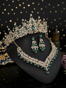 1 套金色新新娘配饰，经典绿水晶装饰新娘皇冠，奢华项链和耳环 3 件套婚纱 - 金色 - 查看 3