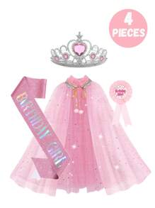 4 peças/3 peças/1 peça Conjunto de Festa de Aniversário, Coroa de Princesa Vestido Capa, Alça de Ombro da Aniversariante, Emblema de Peito da Aniversariante, Adequado Para Todas as Estações, Perfeito Para Festas de Aniversário de Meninas, Acessórios de Vestuário de Princesa Para Apresentação, Presentes Ideais Para Meninas