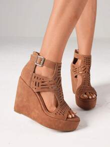 Summer Platform Wedges High Heels Women Sandals Hollow Out Fashion Thick-Soled Vacation Minimalist Bohemian Zip Comfy Shoes - 棕色 - 查看 3