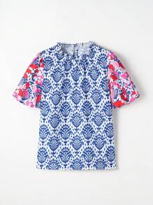 Damskie letnie bluzki Boho Lekki kwiatowy nadruk Bufiaste rękawy Bluzka z falbaną przy szyi Top Czeski wiosenny strój wakacyjny - Niebieski - Zobacz 5