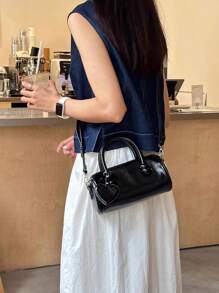 深色优雅亮面油皮圆柱包，小众设计波士顿枕头小包，时尚西式手提斜挎包 - 黑色 - 查看 6