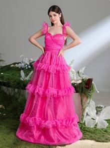 Teen Girl Polka Dot Mesh Ruffle Trimed Spaghetti Strap Extra Long Party Prom Dress - Màu Hồng Tươi - Xem 2
