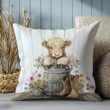 1 件 17.7*17.7 英寸 (45*45 厘米) [单面印花] 花卉牛仔靴高地牛印花涤纶抱枕套，适合日常使用、家居装饰、客厅沙发、卧室、汽车 [不含枕芯]