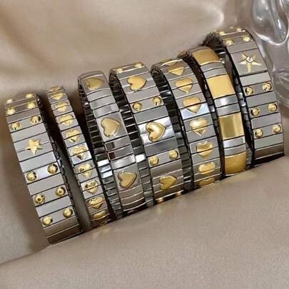 1 件复古优雅不锈钢心形和五角星吊坠手镯，经典弹性心形手镯，手工珠宝礼物，迷人的意大利风格