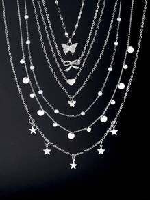 17KM 7pcs/Set Heart, Butterfly, Star, Bow Charm Necklace Set For Women, Suitable For Vacation, Date, Daily Wear & Gift - Silver - View 2