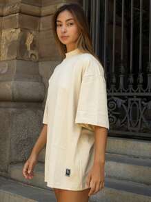 Oversized Plain Turtleneck Basic Streetwear T-Shirt For Men Unisex - 奶油色 - 查看 4