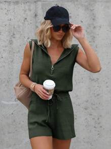 Womens Casual Sleeveless Romper Summer Half Zip Lapel Collar Drawstring Knit Jumpsuit With Pockets - Armé Grön - Visa 2